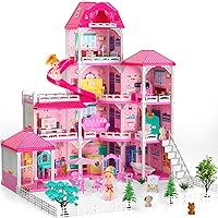 Doll House, Dream Doll House Furniture Pink Girl Toys, 4 Stories 10 Rooms Dollhouse with 2 Princesses Slide Accessories, Toddler Playhouse Gift for for 3 4 5 6 7 8 9 10 Year Old Girls Toys