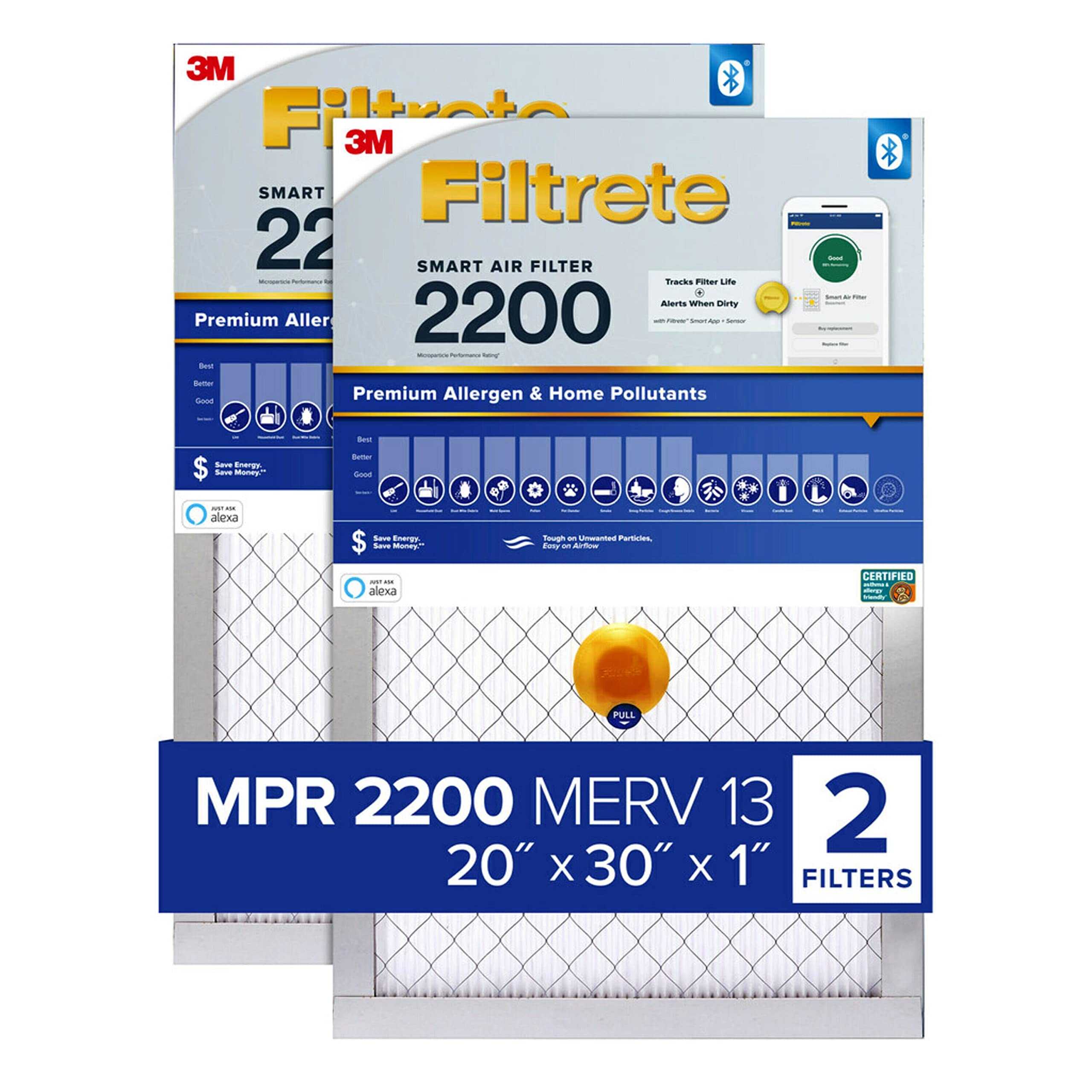 Filtrete 20x30x1 Smart Air Filter, MPR 2200 MERV 13, 1-Inch Premium Allergen & Home Pollutant Air Filters for AC and Furnace, 2 Filters