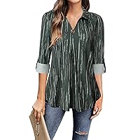 VALOLIA Womens Roll Up 3/4 Sleeve Shirts Collared V Neck Business Casual Tops Loose Work Blouses
