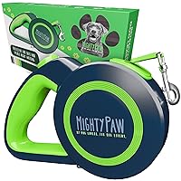 Mighty Paw Retractable Dog Leash 2.0 | 16' Heavy Duty Reflective Nylon Tape Lead for Pets up to 110lbs. Tangle Free Design W/One Touch Quick-Lock Braking System & Anti-Slip Handle (Green/Lite)