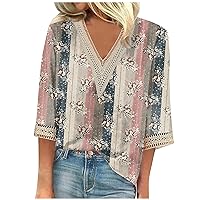 Women T-Shirt Casual Summer 3/4 Sleeve Shirts Lace V Neck Dressy Tops Trendy Vacation Floral Blouses