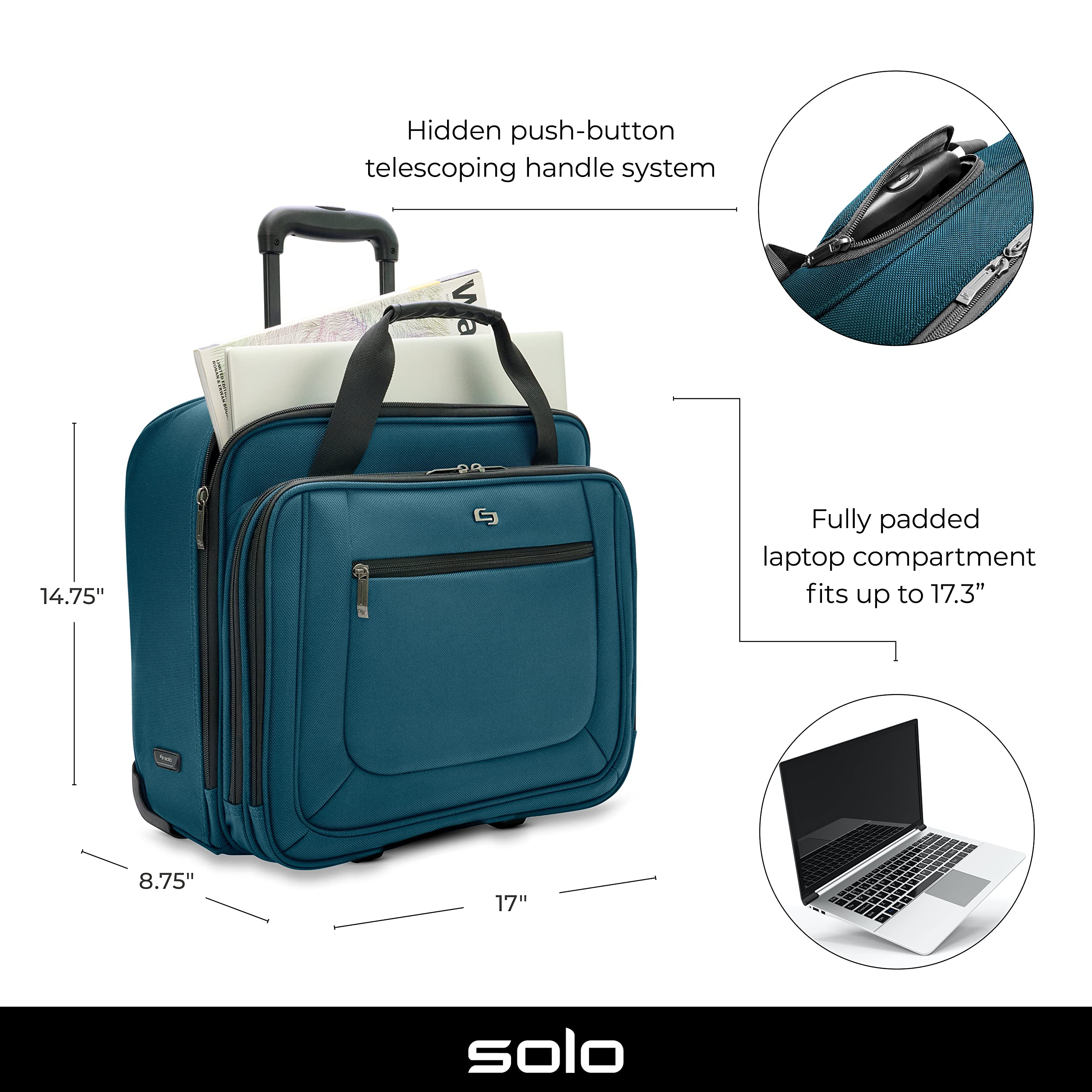 Solo Bryant Rolling Laptop Bag, Lagoon