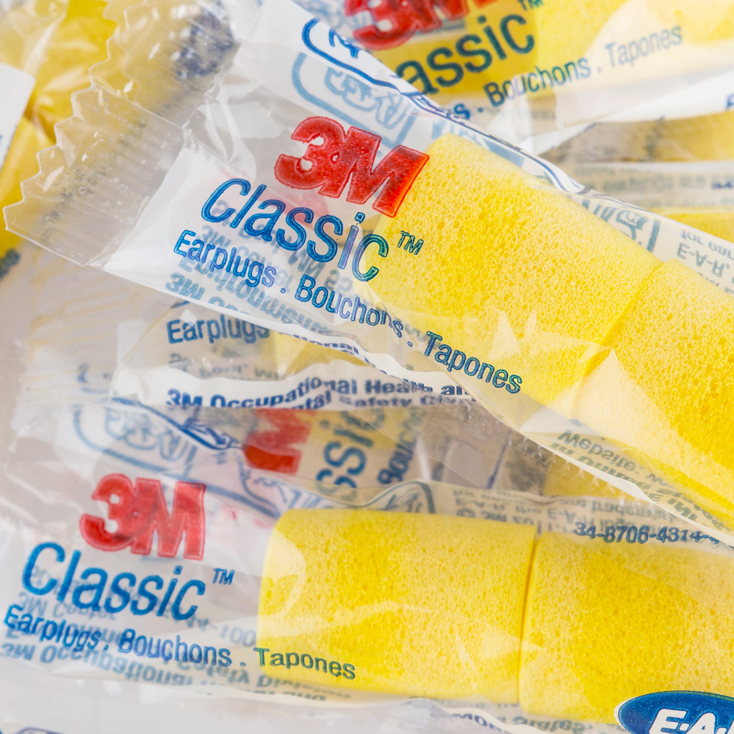 3M Ear Plugs, 200 Pairs/Box, E-A-R Classic 312-1201, Uncorded, Disposable, Foam, NRR 29, For Drilling, Grinding, Machining, Sawing, Sanding, Welding, 1 Pair/Poly Bag Yellow