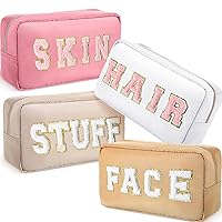 Remerry 4 Pcs Nylon Cosmetic Bag Travel Organizer Chenille Letter Makeup Pouch Zipper Preppy Waterproof Hair Bag Toiletry Pouch for Women Girls(Light Brown, Beige, Light Pink, White)