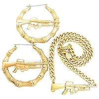 AK 47 Set Bamboo Hoop Style Earrings with Thick Link Necklace