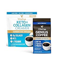 Genius Ground Coffee & Keto + Collagen Vanilla Coffee Creamer Bundle for Keto Diet, Energy & Focus, 11 oz Ground Coffee Bag & 10 oz Creamer Powder Bag