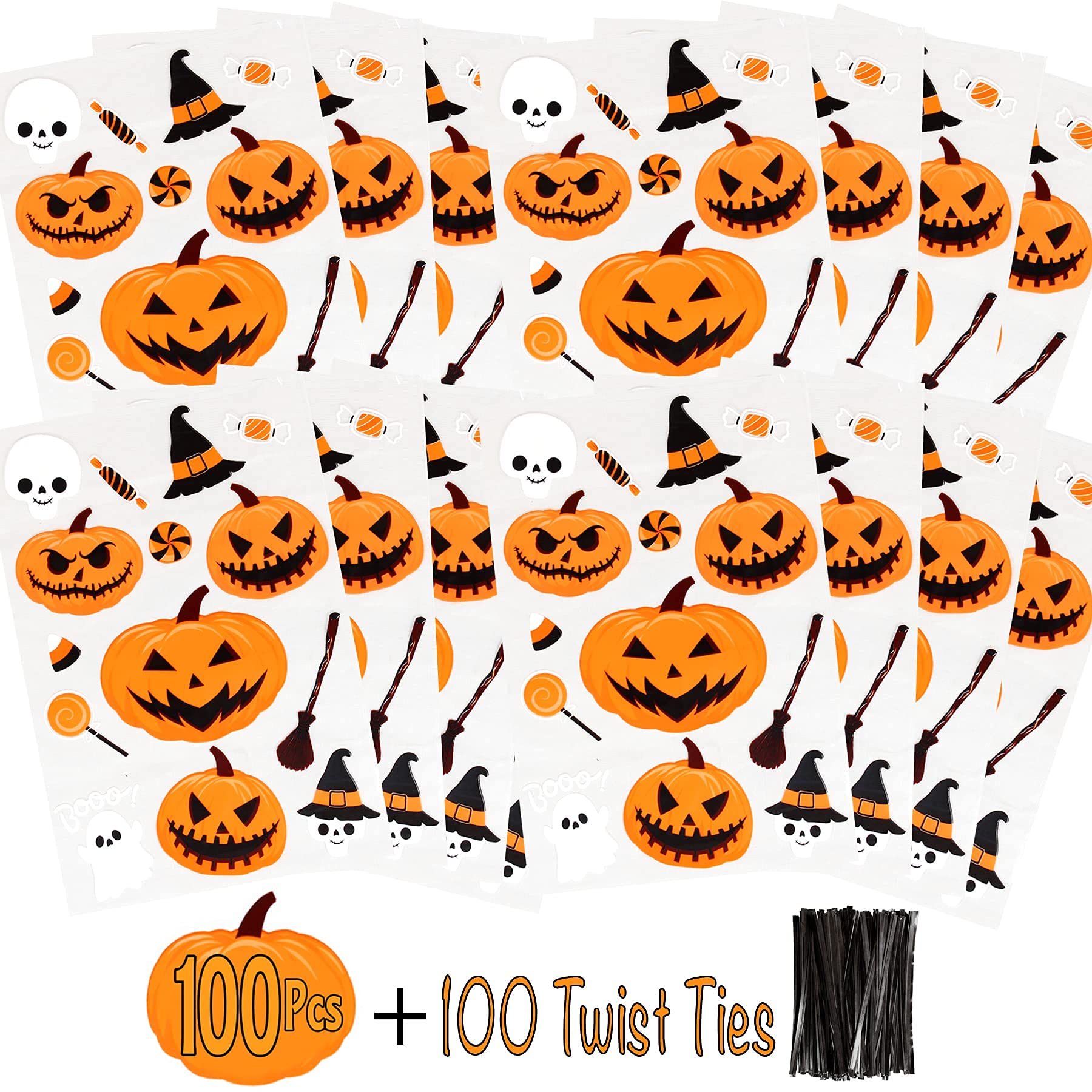 AnapoliZ Halloween Treat Bags | 100 pcs (6” x 9” Inch) |2.5 Mil Crystal Clear Cellophane Bags with Fun Scary Designs | Pumpkins, Witches Cello Bags | Halloween Party Decorations, Spooky Treat Bags