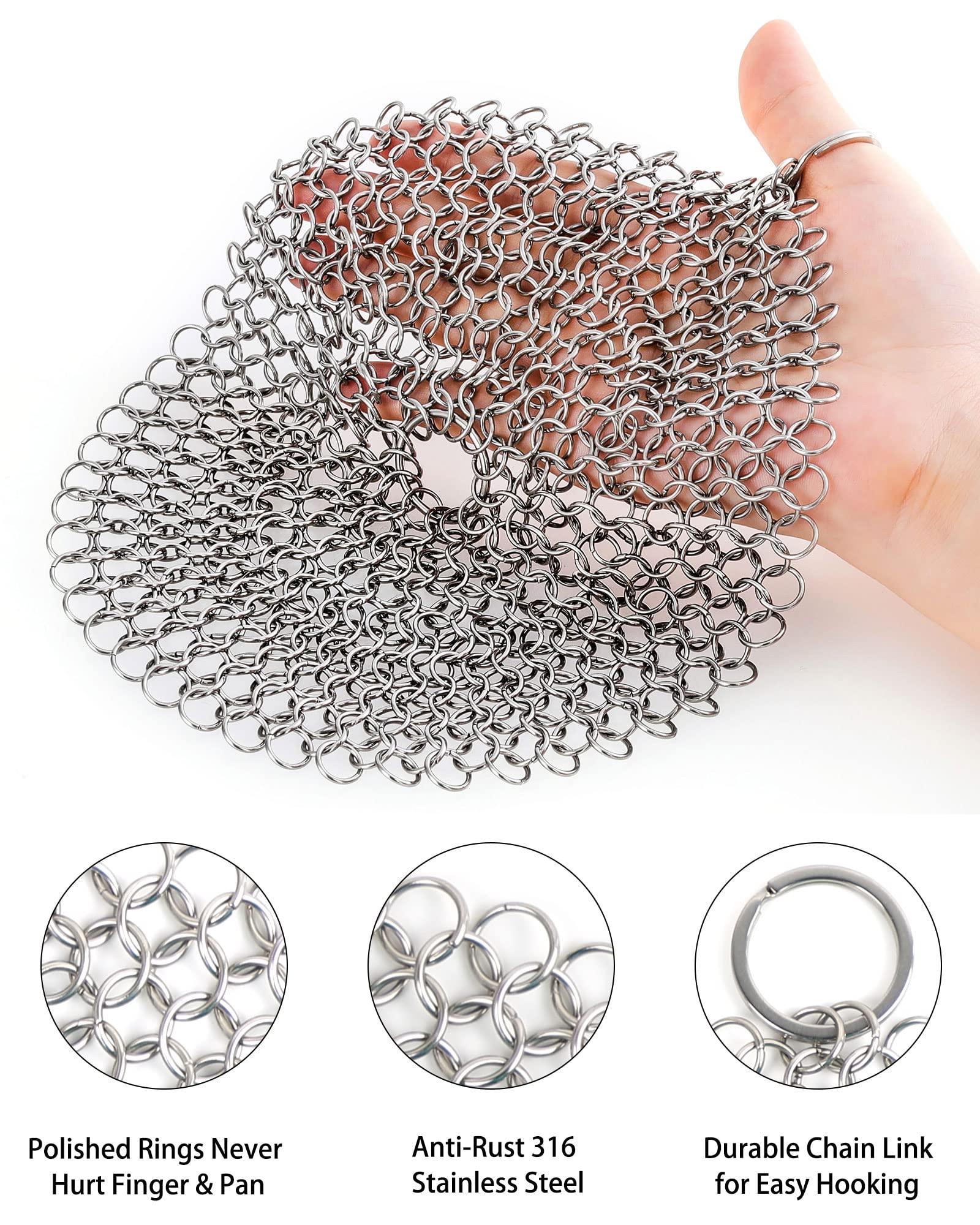 ONEEKK Cast Iron Cleaner Chainmail Scrubber 316L Stainless Steel Chain Scrubber for Cast Iron Cleaning, Chain Mail to Clean Cast-Iron Pans Pots Skillet Scrub Non-Scratch (7 Inch Round)