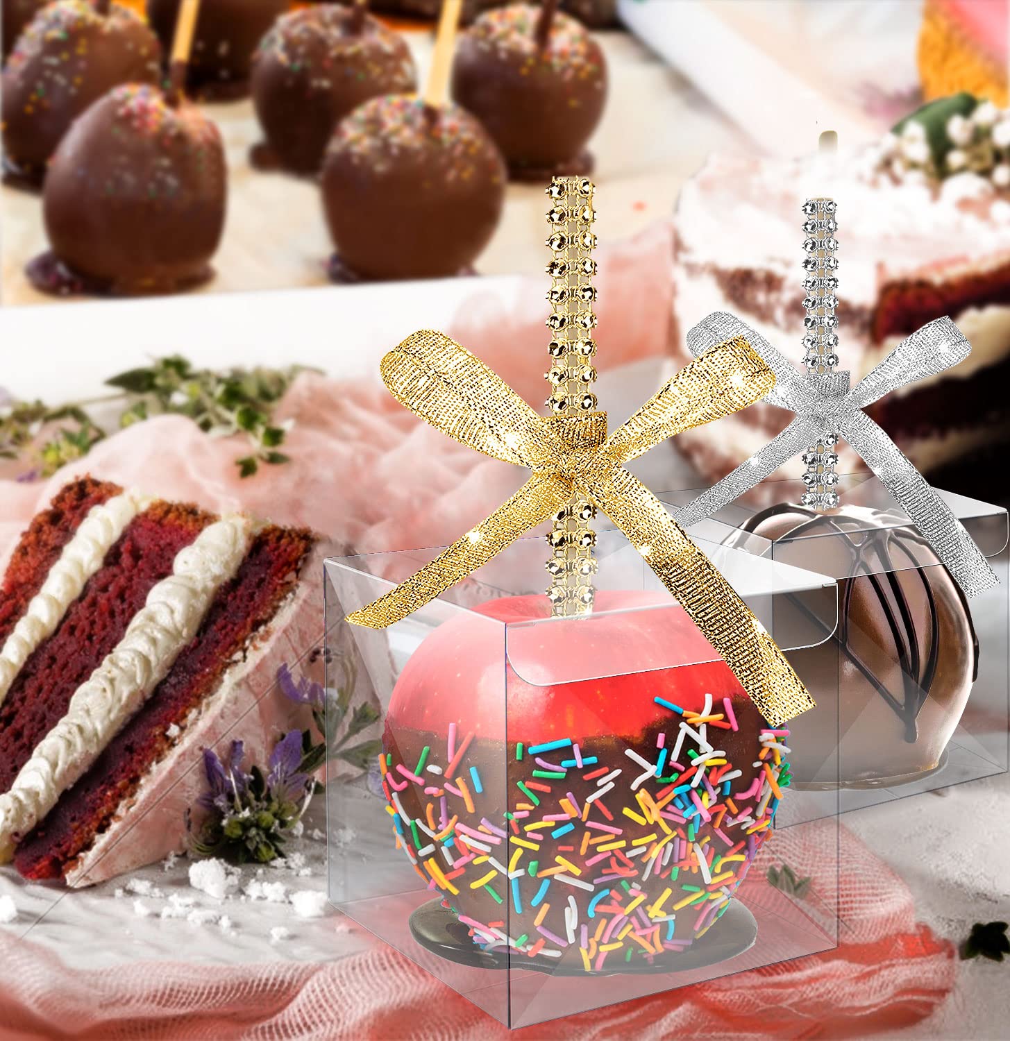 MGWOTH Candy Apple Boxes with Bling Stick Hole Set, 20 Pack Caramel Apple Wrapping Kit with Clear Containers & Rhinestone Bamboo Skewers & Glitter Ribbons,Decorative Top for Cake Pop Chocolate Treat