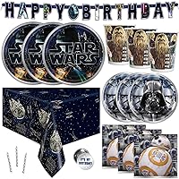 Classic Star Wars Party Supplies - Serves 16 - Birthday Table Cover, Banner Decoration, Large Dinner Plates, Small Cake Plates, Cups, Napkins, Candles, Button