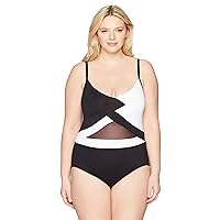 Anne Cole Women's Plus-Size Over The Shoulder Mesh Sexy One Piece Swimsuit, Black/White, 24W