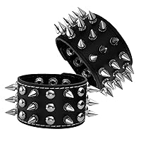 MILAKOO 2 Pcs Black Wristband Cuff Belt Bracelet Bangle Leather Rope Black Punk Rock Bracelet 6-8