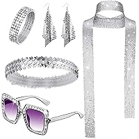 5 Pcs 70s Disco Accessories Women Costume Jewelry Disco Earrings Sequin Scarf Sunglasses Diamond Bracelet Headband