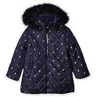 Nautica Girls' Heavyweight Hooded Winter Puffer Coat with Full Length Zipper, Peacoat Chevron, 4