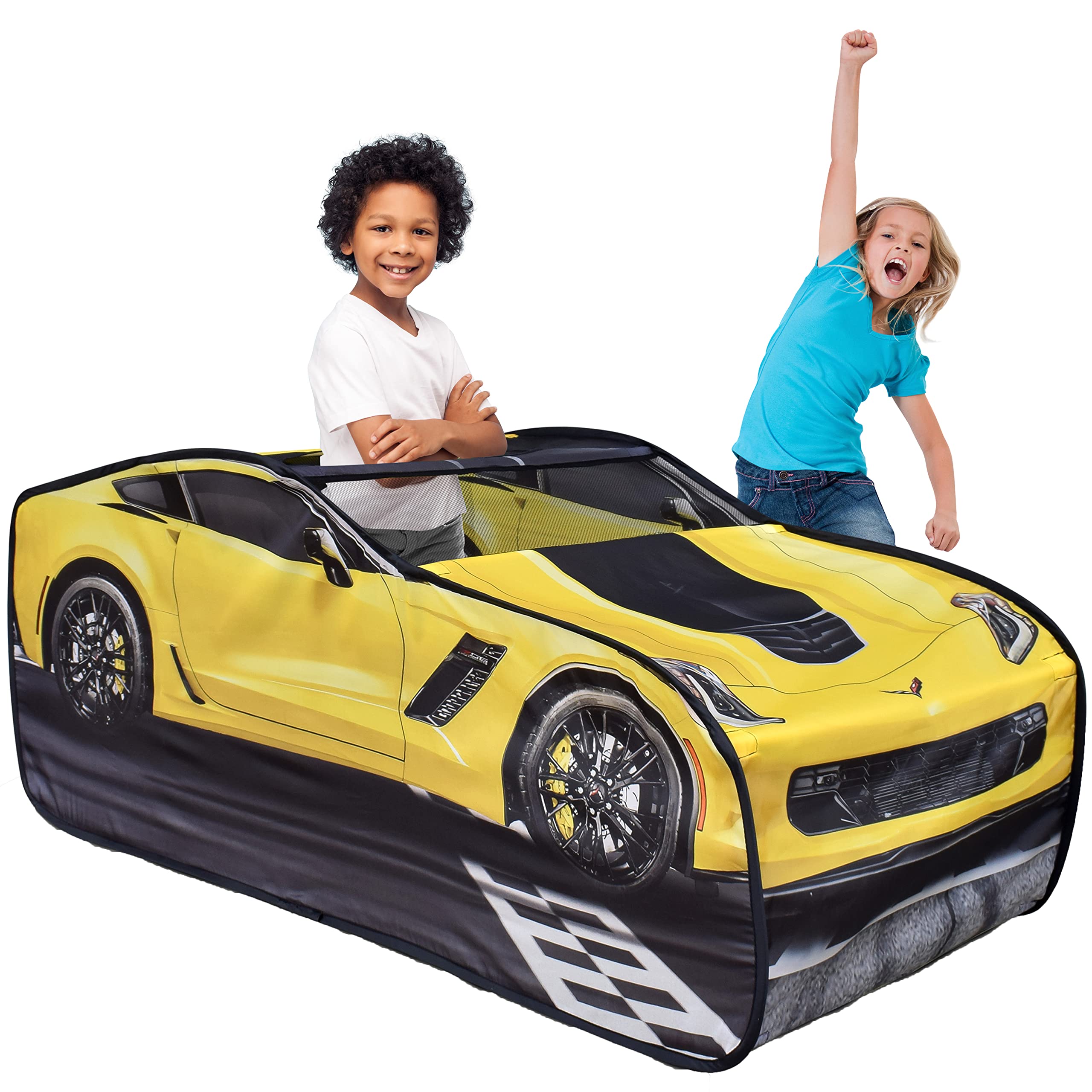 Sunny Days Entertainment Chevy Corvette Pop Up Tent | Large Sports Car Play Tent for Kids, Yellow