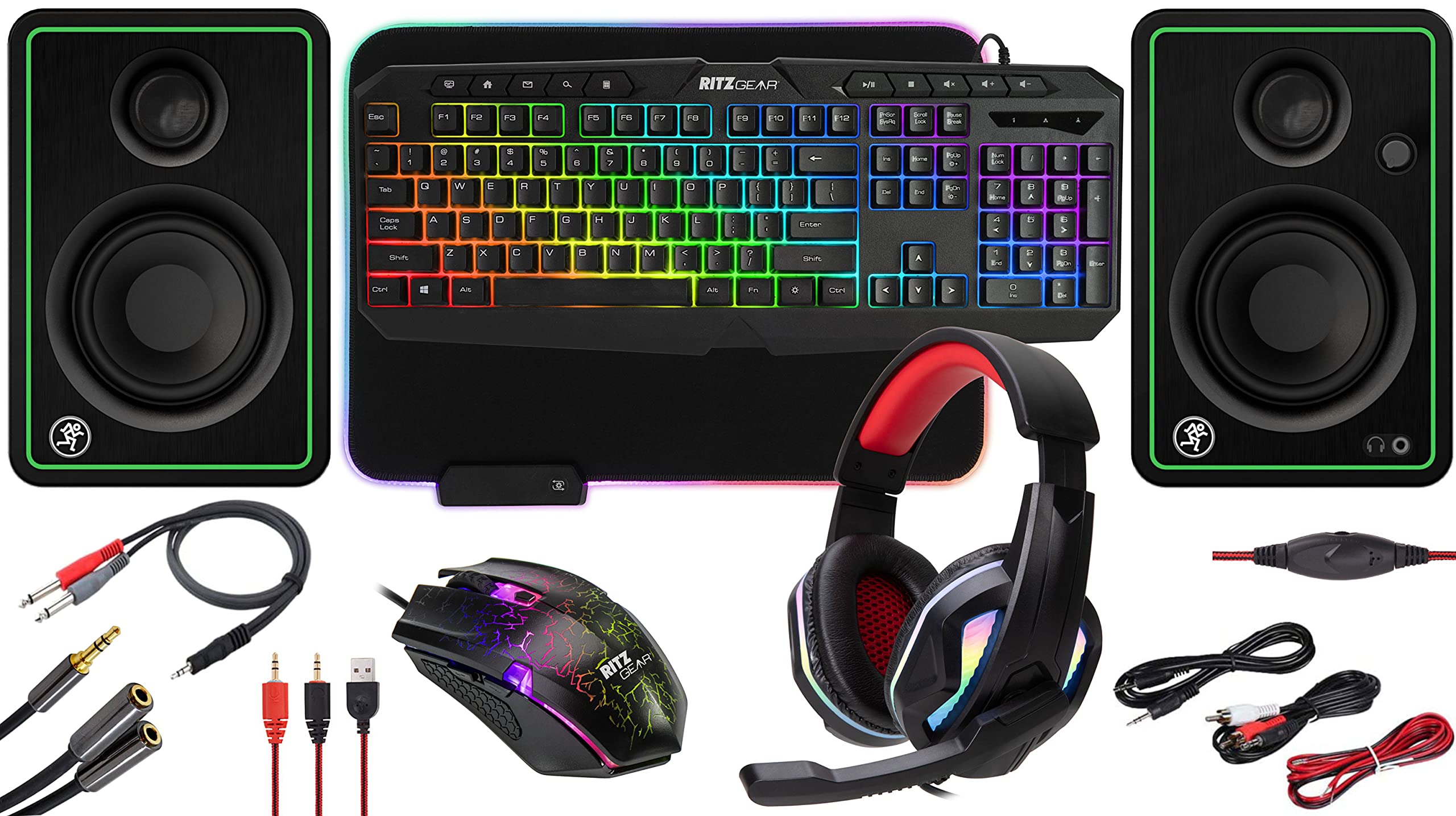 Ritz Gear RGB Gaming Accessories Kit I 4-in-1 LED Combo with Multimedia Keyboard, Optical Mouse, Mouse Pad & Headset with Adapter for Windows 7+ Desktop, Laptop, Xbox & PS4 & CR3-X Bluetooth Monitors