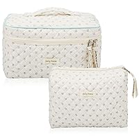 2 Pcs Large Travel Quilted Makeup Bag for Women, Cute Floral Cotton Toiletry Bag, Aesthetic Cherry Peony Cosmetic Bag Coquette Skincare Organizer Bag(Floral Style)