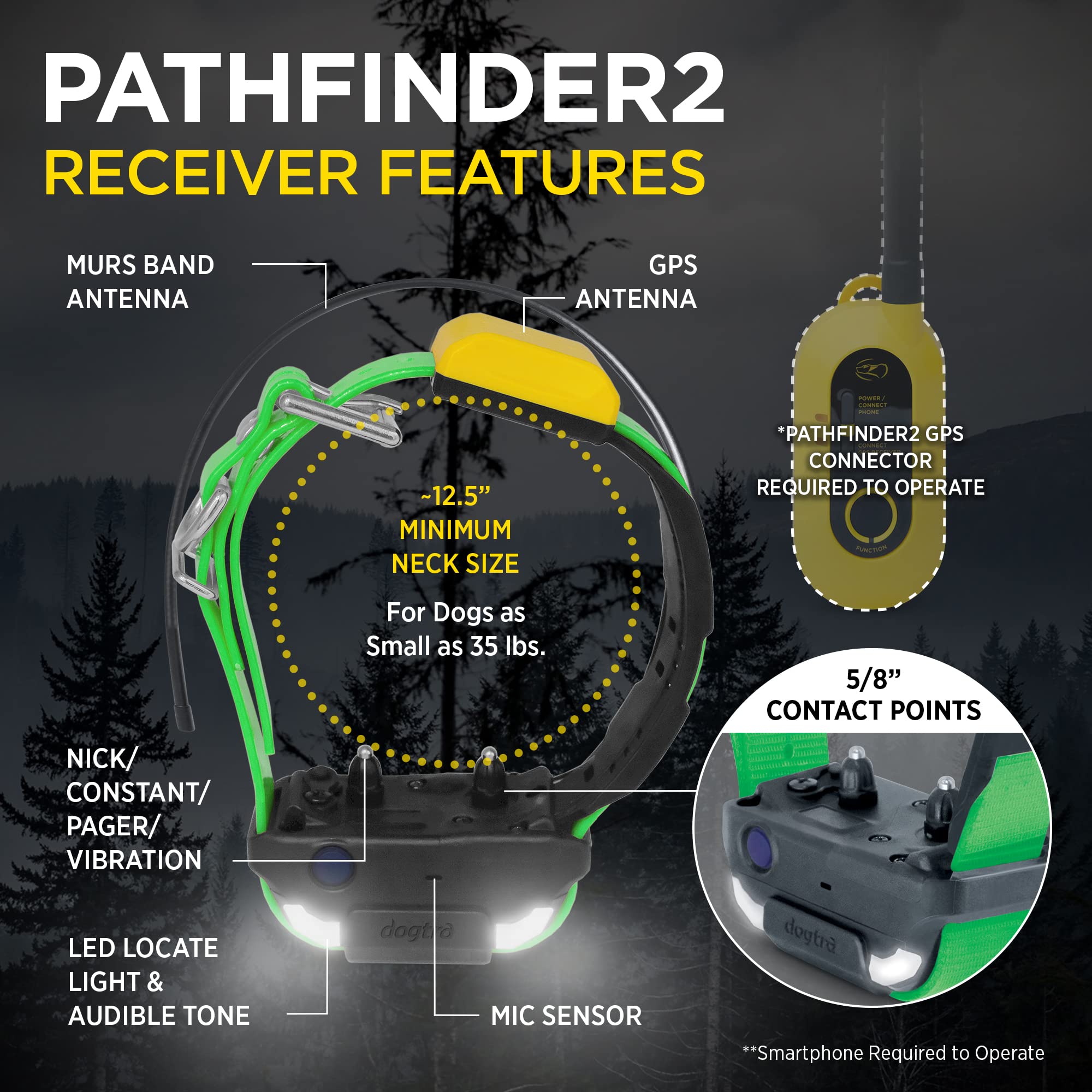 Dogtra Pathfinder 2 Additional Receiver Dog GPS Tracker e Collar Green LED Light No Monthly fees Free App Waterproof Smartwatch Control Satellite Real Time Tracking Long Range Smartphone Required
