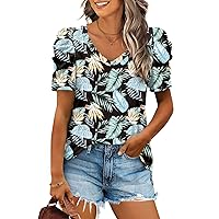 XIEERDUO Womens Summer Shirt V Neck Casual Tshirts Puff Sleeve Tops for Women Solid Color XS-3XL