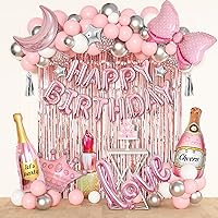 Ouddy Life Pink Happy Birthday Party Decorations for Women Girls, Pink Happy Birthday Love Crown Bow Bottle Lipstick Balloons Fringe Curtain for Princess Birthday Wedding Baby Shower Party Supplies