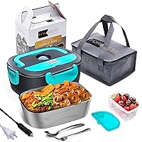 Electric Lunch Box - Fast 60W Food Heater 3-In-1 Portable Food Warmer Lunch Box for Car & Home – Leak proof, 2 Compartments, Removable 304 Stainless Steel Container & Utensils