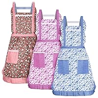 Zhanmai 3 Pcs Women Floral Aprons with Pocket Soft Kitchen Chef Aprons Girls Aprons for Cooking Gardening