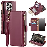 Antsturdy Compatible with iPhone 15 Pro Max Wallet Case,【RFID Blocking】 PU Leather Phone Case Women Men with Card Holder Flip Cover Wrist Strap Zipper Credit Card Slots for Apple 15 Pro Max,Wine Red