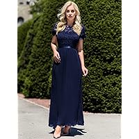 Puff Sleeve Maxi Chiffon Lace Prom Dress (Color : Navy Blue, Size : Small)