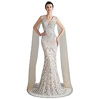 Women's V-Neck Sequins Mermaid Evening Dress with Sheer Sleeves