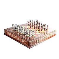 Metal Chess Set for Adult Historical Antique Copper Rome Figures Handmade Pieces and Natural Solid Wooden Chess Board with Original Pearl Around Board and Storage Inside King 4 inc