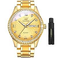 Men's Luxury Stainless Steel Watches, Big Face Gold Men's Quartz Analogue Watches Fashion 30M Waterproof Casual Watch with Day Date Diamond Male Dress Watches Easy Reader, Father's Day Gifts