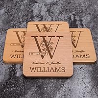 Personalized Monogram Beech Wood Coasters for Drinks - Personalized Wedding Gifts Bridal Shower Gifts - Custom Coasters Set of 4(#1 Name Initial Style)
