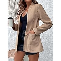 Coat For Women - Herringbone Pattern Double Pocket Overcoat