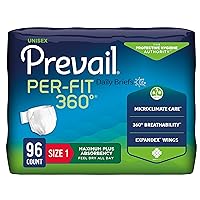 Prevail Per-Fit 360 Daily Incontinence Briefs, Unisex Adult Incontinence Briefs with Tabs, Maximum Plus Absorbency, Size 1, 80 Count (4 Packs of 20)