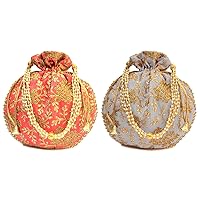 Indian Embroidered Peach & Grey Potli Bag with Pearls Handle Purse Party Wear Ethnic Clutch for Women Combo of 2