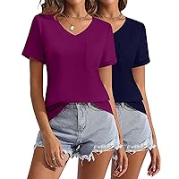 2 Pcs Women's Summer Short Sleeve V Neck Shirts with Pocket Casual Tops Solid Loose Trendy Tees for Women