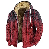 Mens Sherpa Jacket Hoodie Zip Up Winter Sherpa Lined Sweatshirt Thick Warm Fleece Jacket Coat Retro Print Outwear
