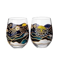 Vincent Van Gogh Artisanal Hand Painted Wine Glasses, Stemless Set of 2 Tumblers - Artistic Gift Idea for Her, Him, Birthday, Housewarming - Extra Large Goblets (18.5 OZ) - Gifts for Artists & Friends