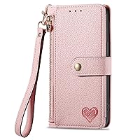 Wallet Case Compatible with Oppo Reno6 Pro 5G, RFID Blocking Zipper Pocket Purse Love PU Leather Kickstand Wrist Strap Phone Case with 7 Card Slot (Pink)