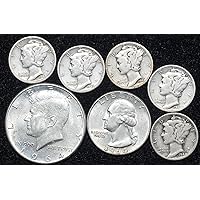 1900 PDS Era 90% Silver Coin Lot Kennedy Half, Washington Quarter, 5 Mercury Dimes 1/2 US Mint VG and Better