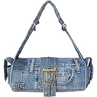 Upcycling Blue Denim Jeans Punk Brass Rivet Studded Buckle Belt Decorative Barrel Shoulder Handle Handbag Purse, Blue, M