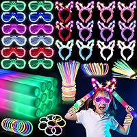 136PCS Glow in the Dark Party Supplies,Glow Sticks Glasses Favors, 12PCS Foam Glow Sticks, 12PCS LED Glasses, 12PCS Bunny Ear Headband and 100PCS Glow Sticks for Neon Party for Kids or Adults