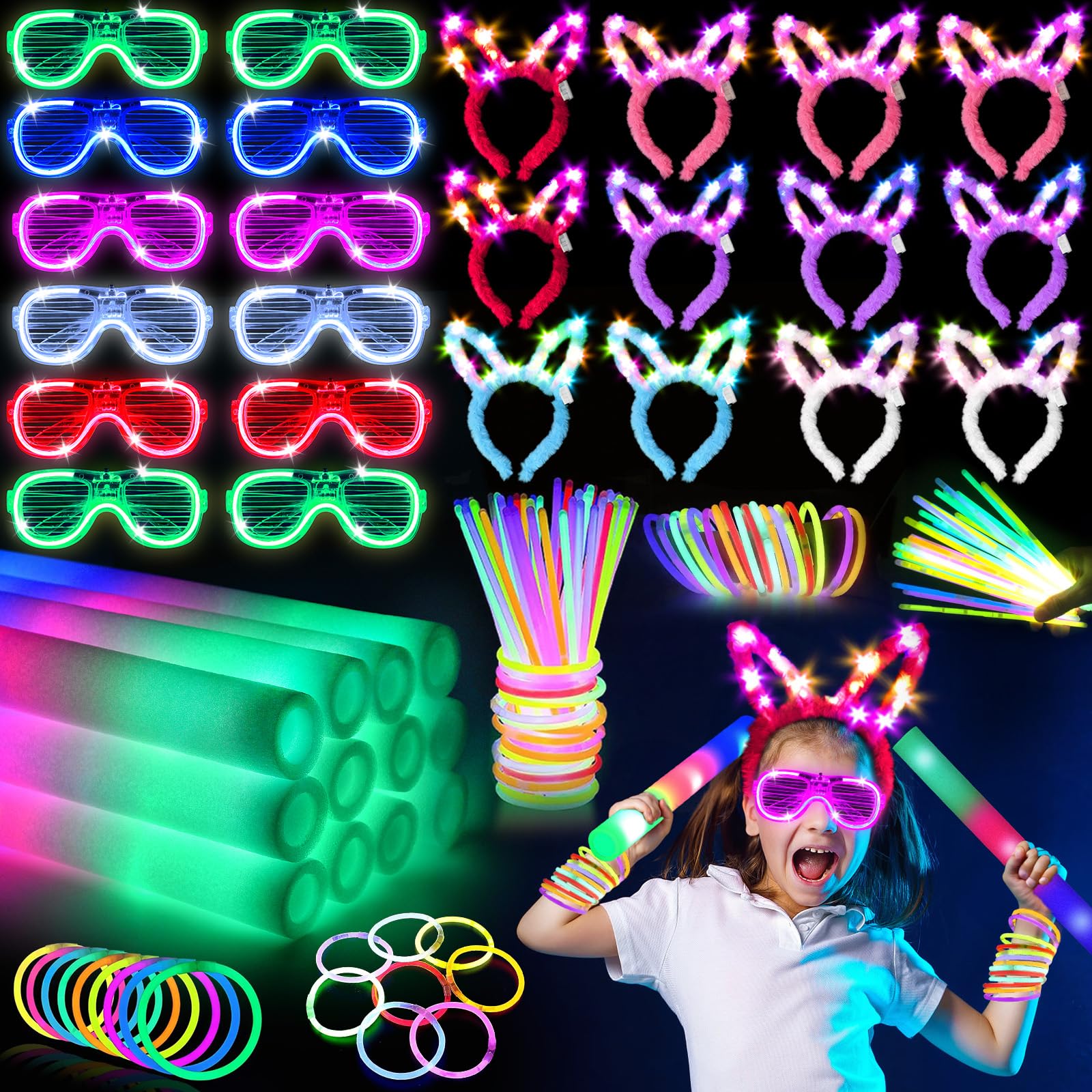 SHQDD 136PCS Glow in the Dark Party Supplies,Glow Sticks Glasses Favors, 12PCS Foam Glow Sticks, 12PCS LED Glasses, 12PCS Bunny Ear Headband and 100PCS Glow Sticks for Neon Party for Kids or Adults