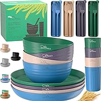 Wheat Straw Dinnerware Set - Lightweight Wheat Straw Plates And Bowls sets for 4 - Dishwasher & Microwave Safe Dinnerware - Unbreakable Wheat Straw Bowls - Ideal Camping Dishes/Rv Dishes