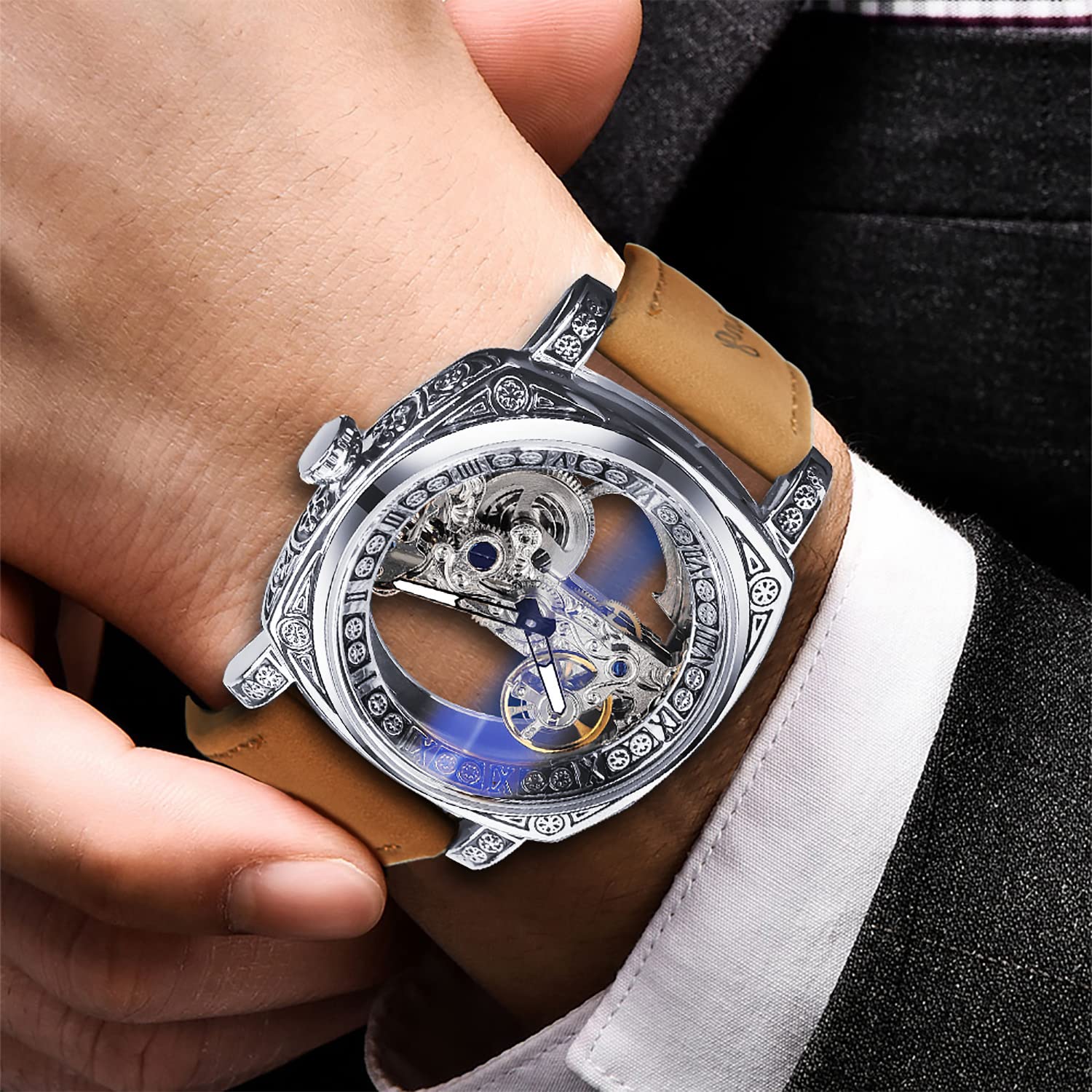 FORSINING Herren Luxus Square Carving Mechanische Uhr Retro Totem Doppelseitig Hohl Skelett Selbstaufzug Automatik Uhren Vintage Lederband Armbanduhr