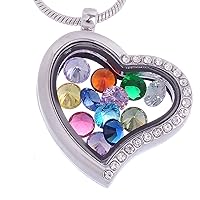 RUBYCA Living Memory Locket Necklace 12 Crystal Birthstones Floating Charms