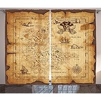 Island Map Curtains, Super Detailed Treasure Map Grungy Rustic Pirates Gold Secret Sea History Theme, Living Room Bedroom Window Drapes 2 Panel Set, 108