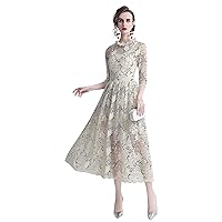 LAI MENG FIVE CATS Women's Floral Lace Long Sleeve Pleated Bridesmaid Party Maxi Dress