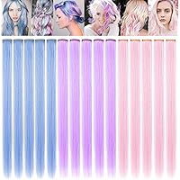 Colored Hair Extensions Clip in for Girls and Kids 21inch Party Highlights Straight Multicolored Long Hairpiece Costume Accessories 12 PCS (Light blue,Light pink,Light purple)