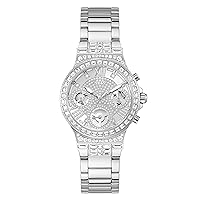 GUESS Ladies Sport Multifunction Glitz with Crystals 36mm Watch – Pink Dial Rose Gold-Tone Stainless Steel Case & Bracelet